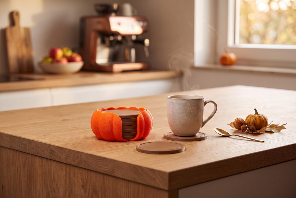 3D Printed Pumpkin Coaster Set with Holder, Autumn Table Decor (Set of 7)