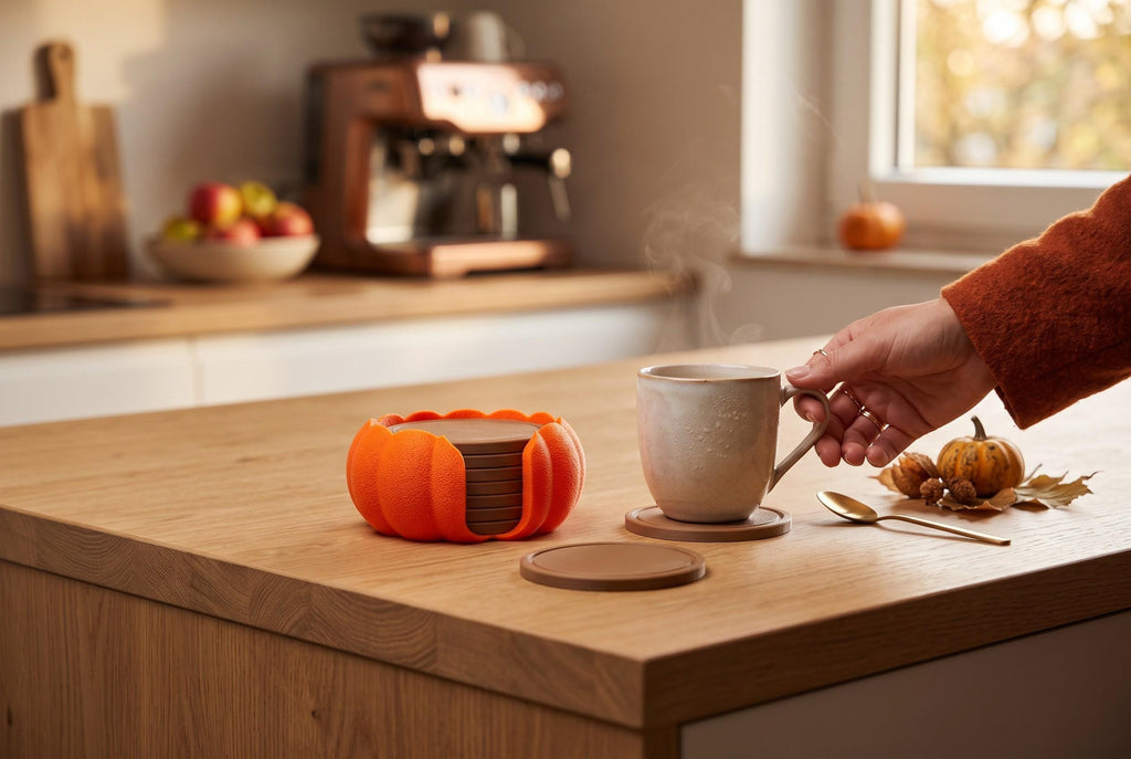 3D Printed Pumpkin Coaster Set with Holder, Autumn Table Decor (Set of 7)