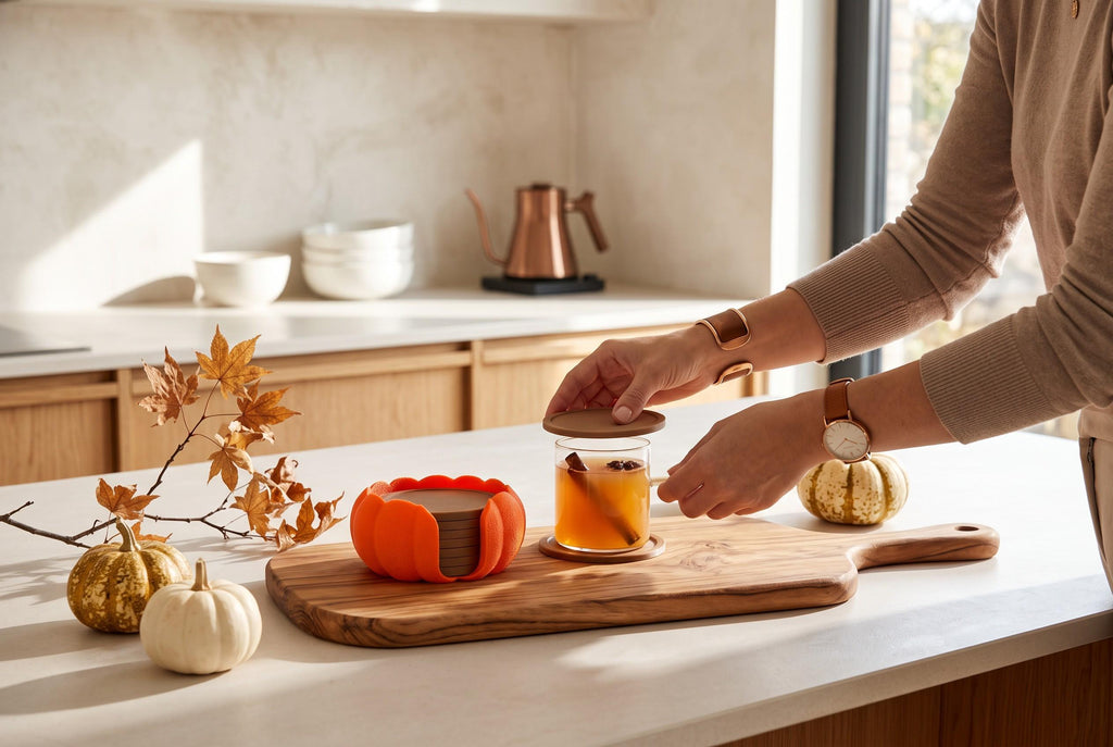3D Printed Pumpkin Coaster Set with Holder, Autumn Table Decor (Set of 7)