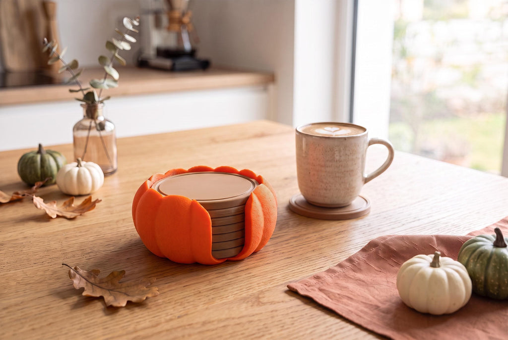 3D Printed Pumpkin Coaster Set with Holder, Autumn Table Decor (Set of 7)