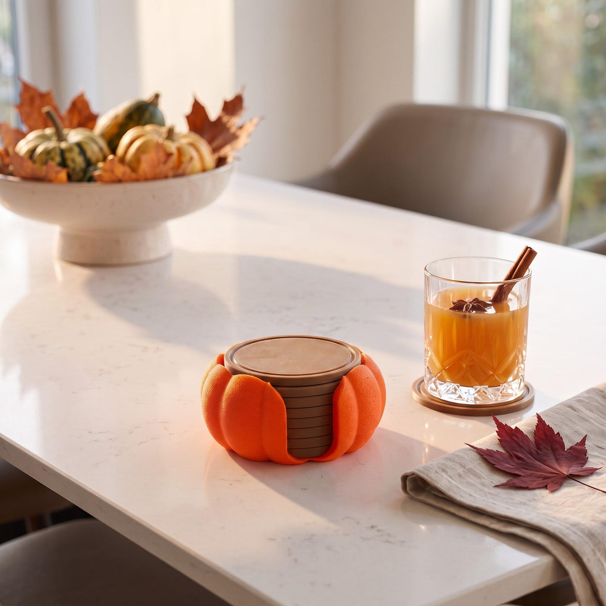 3D Printed Pumpkin Coaster Set with Holder, Autumn Table Decor (Set of 7)