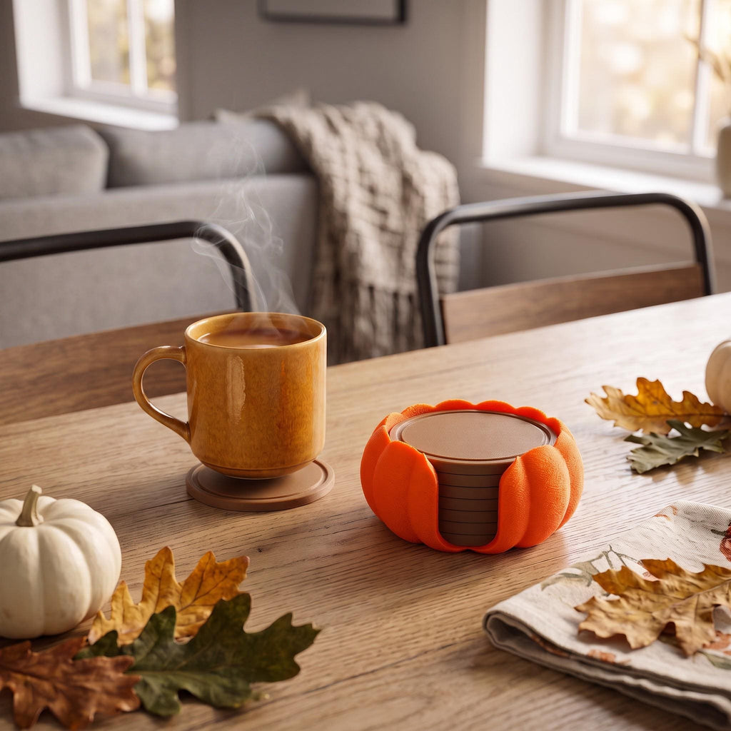 3D Printed Pumpkin Coaster Set with Holder, Autumn Table Decor (Set of 7)