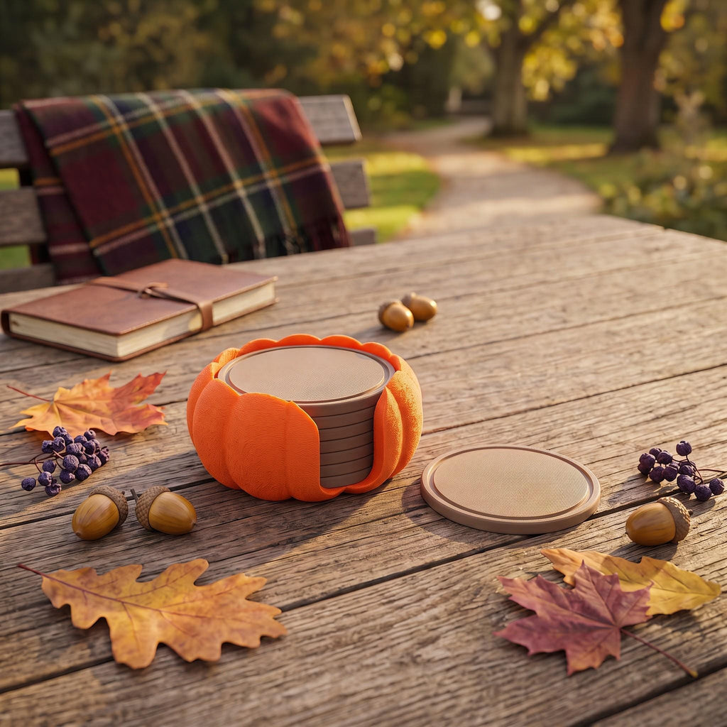 3D Printed Pumpkin Coaster Set with Holder, Autumn Table Decor (Set of 7)