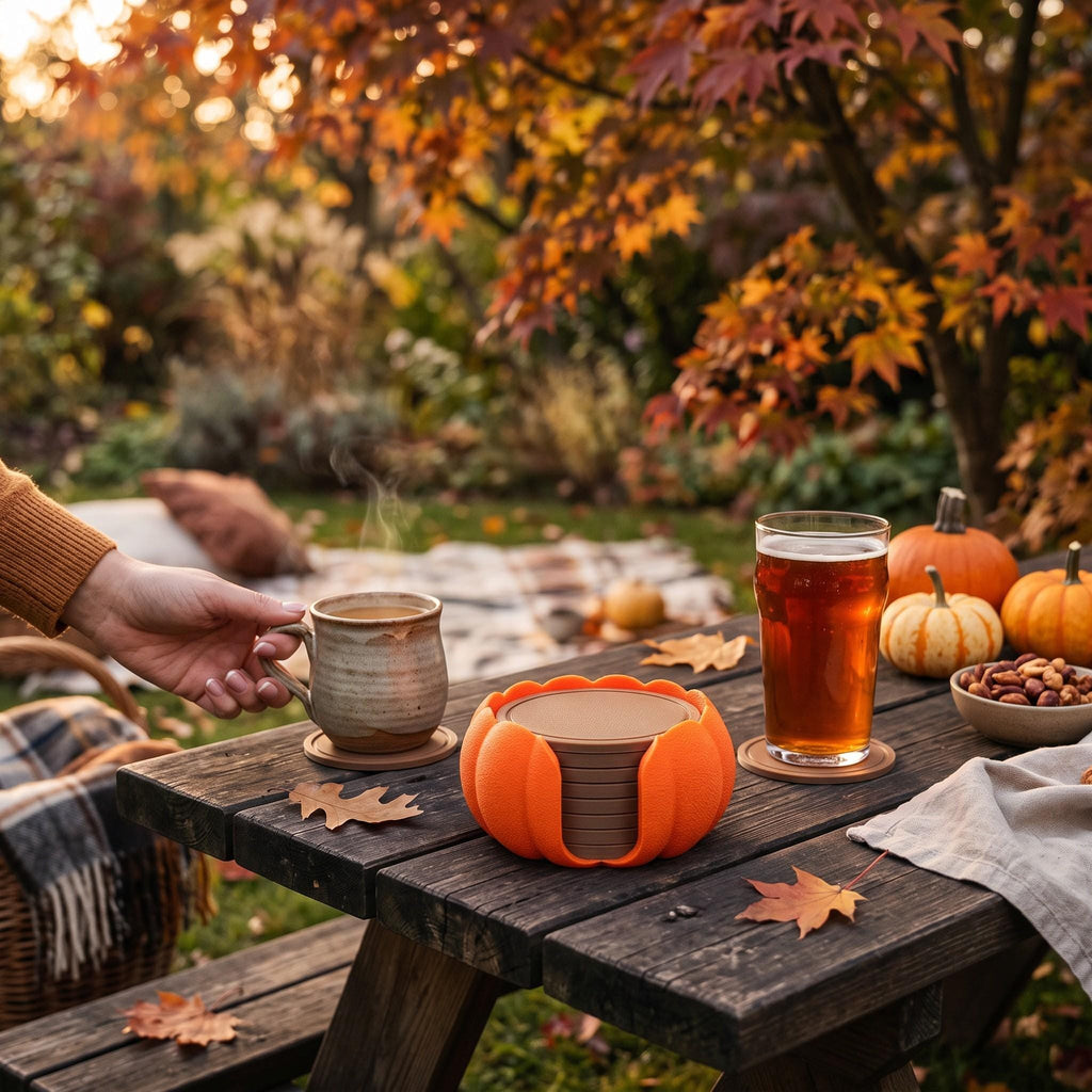 3D Printed Pumpkin Coaster Set with Holder, Autumn Table Decor (Set of 7)