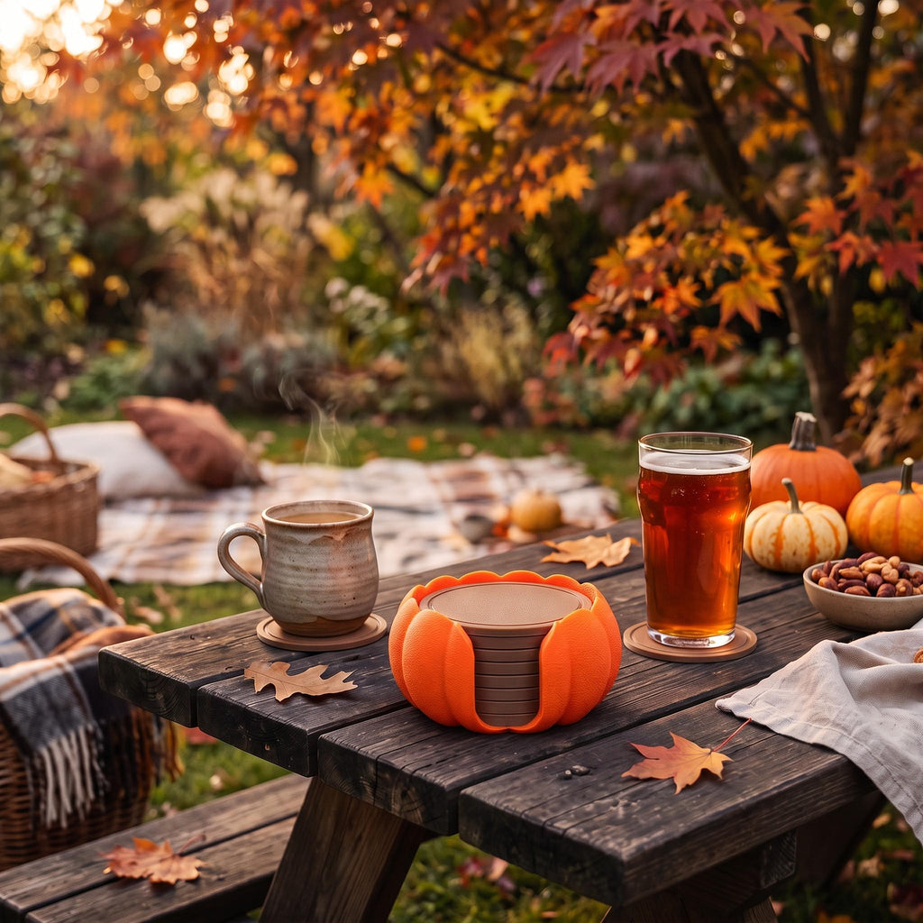 3D Printed Pumpkin Coaster Set with Holder, Autumn Table Decor (Set of 7)