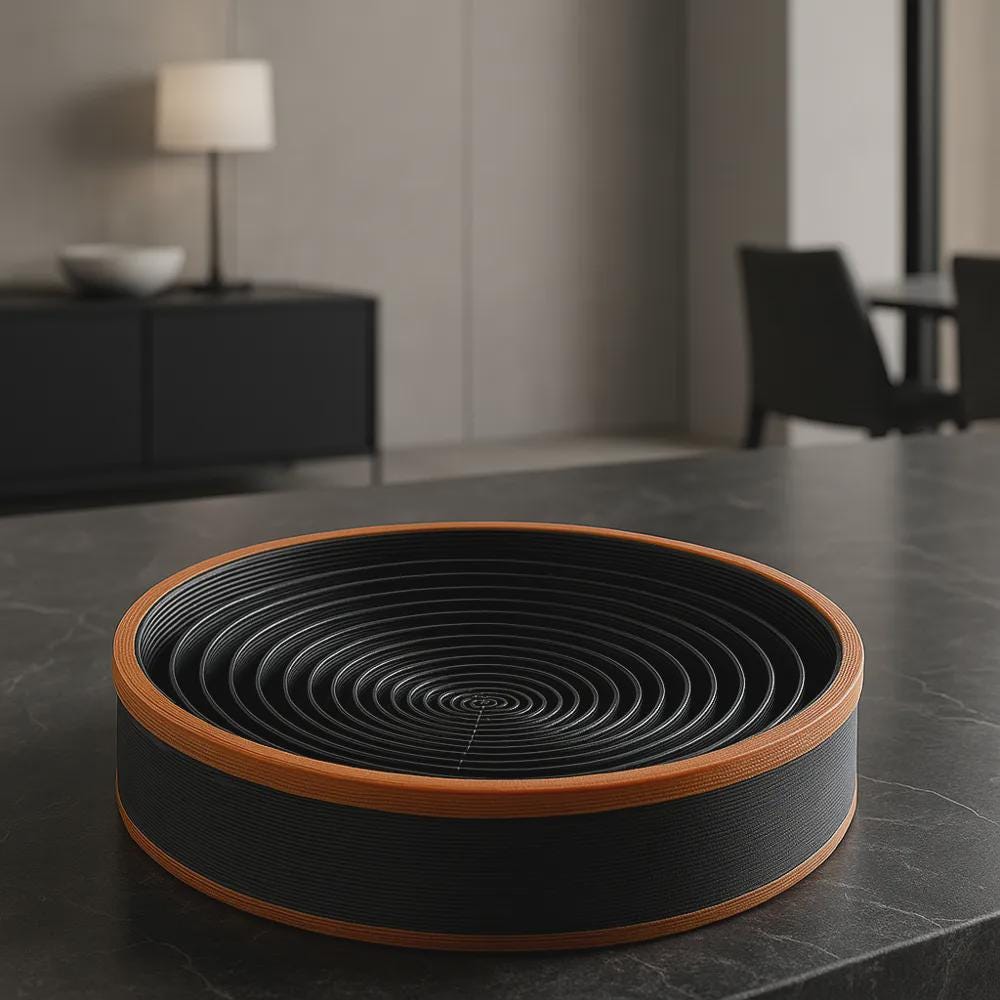 3D Printed Spiral Catchall Tray, Black & Copper Valet Dish, Modern Desk Organiser
