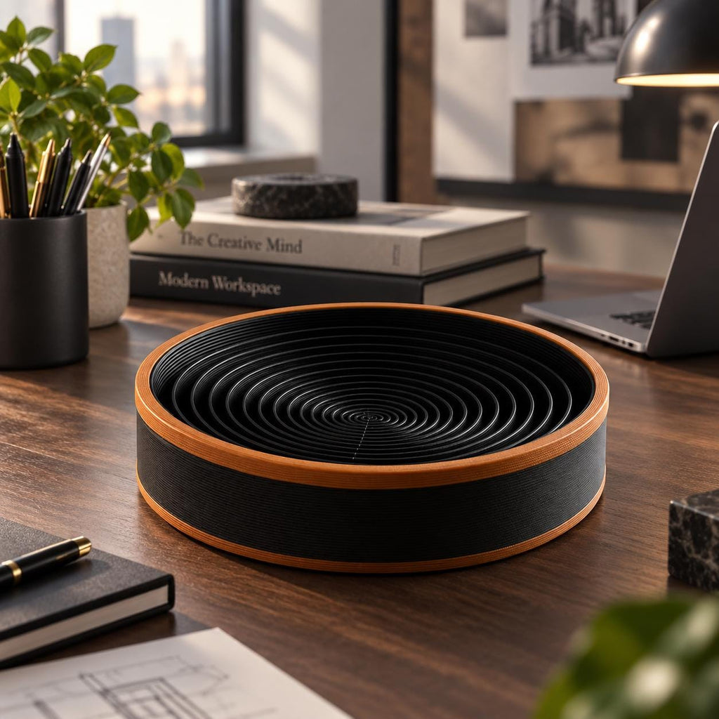 3D Printed Spiral Catchall Tray, Black & Copper Valet Dish, Modern Desk Organiser