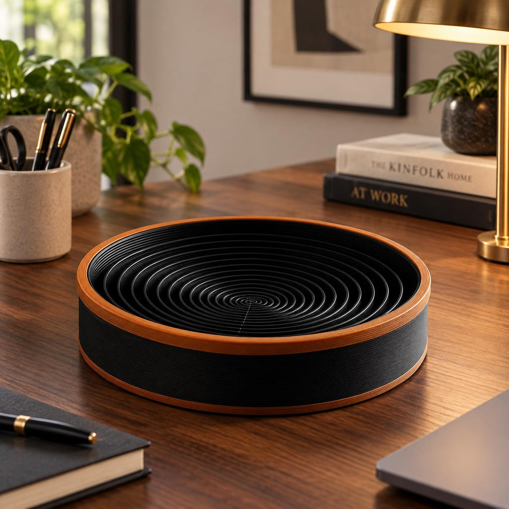 3D Printed Spiral Catchall Tray, Black & Copper Valet Dish, Modern Desk Organiser