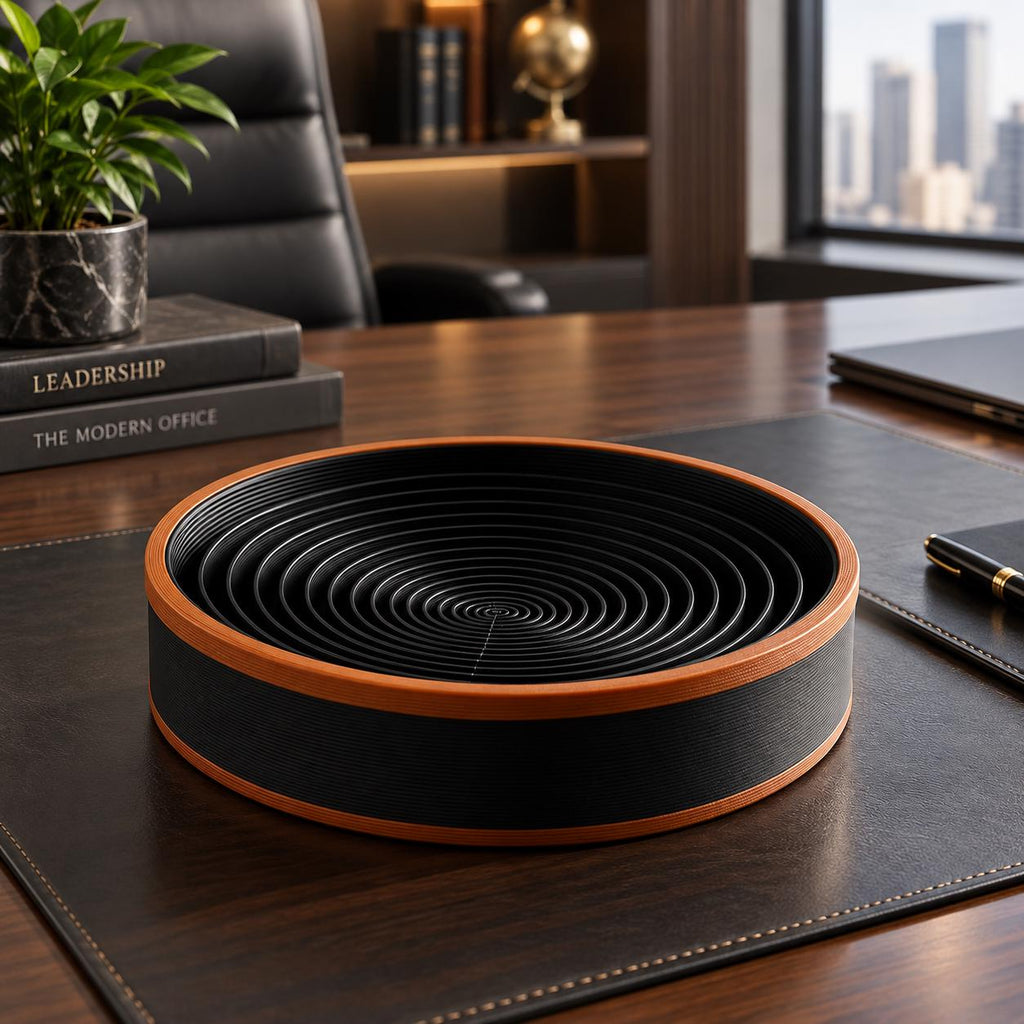 3D Printed Spiral Catchall Tray, Black & Copper Valet Dish, Modern Desk Organiser