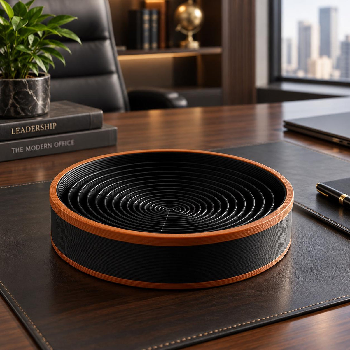 3D Printed Spiral Catchall Tray, Black & Copper Valet Dish, Modern Desk Organiser