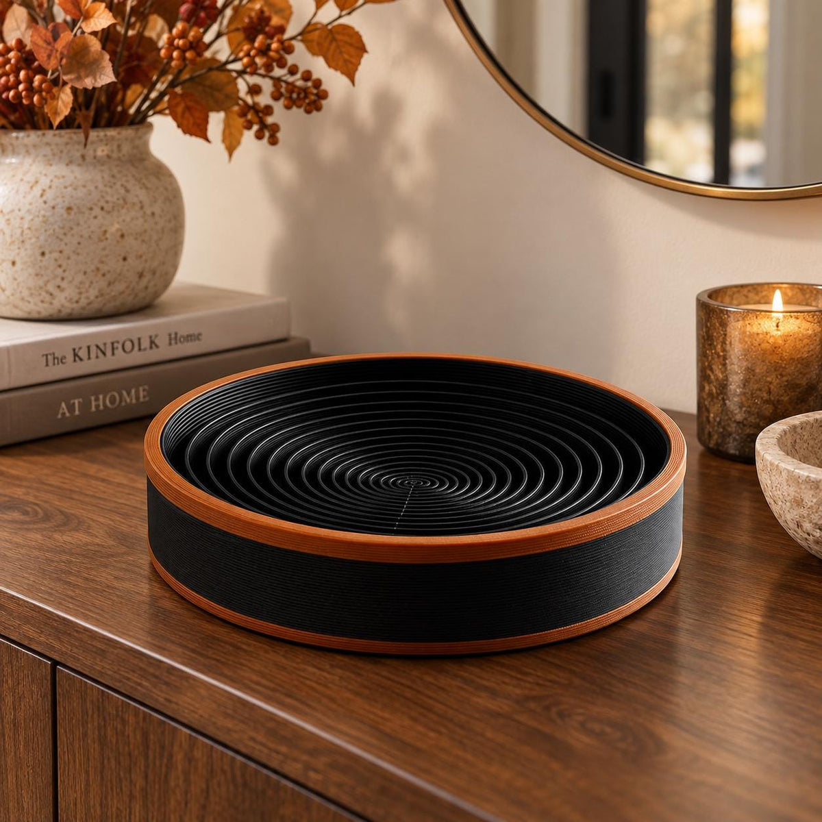 3D Printed Spiral Catchall Tray, Black & Copper Valet Dish, Modern Desk Organiser