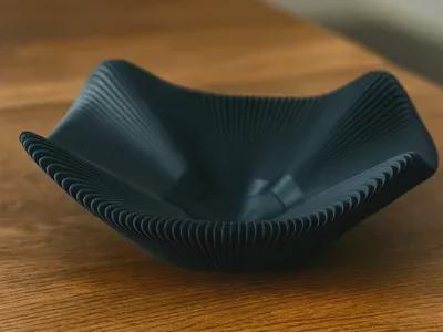 3D Printed Black Pleated Bowl, Folded Rim Sculptural Centrepiece, Japandi Decor