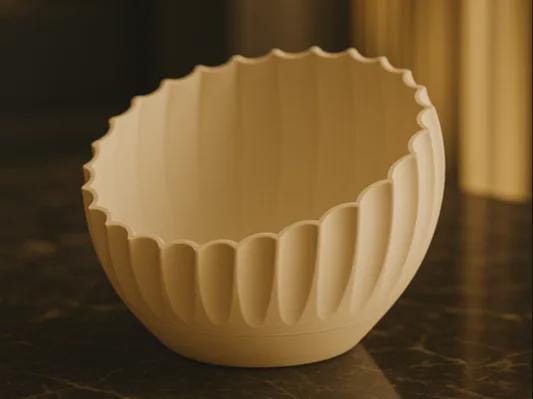 Ivory Pleated Sculptural Bowl, Scalloped Rim, 3D Printed Japandi Decor