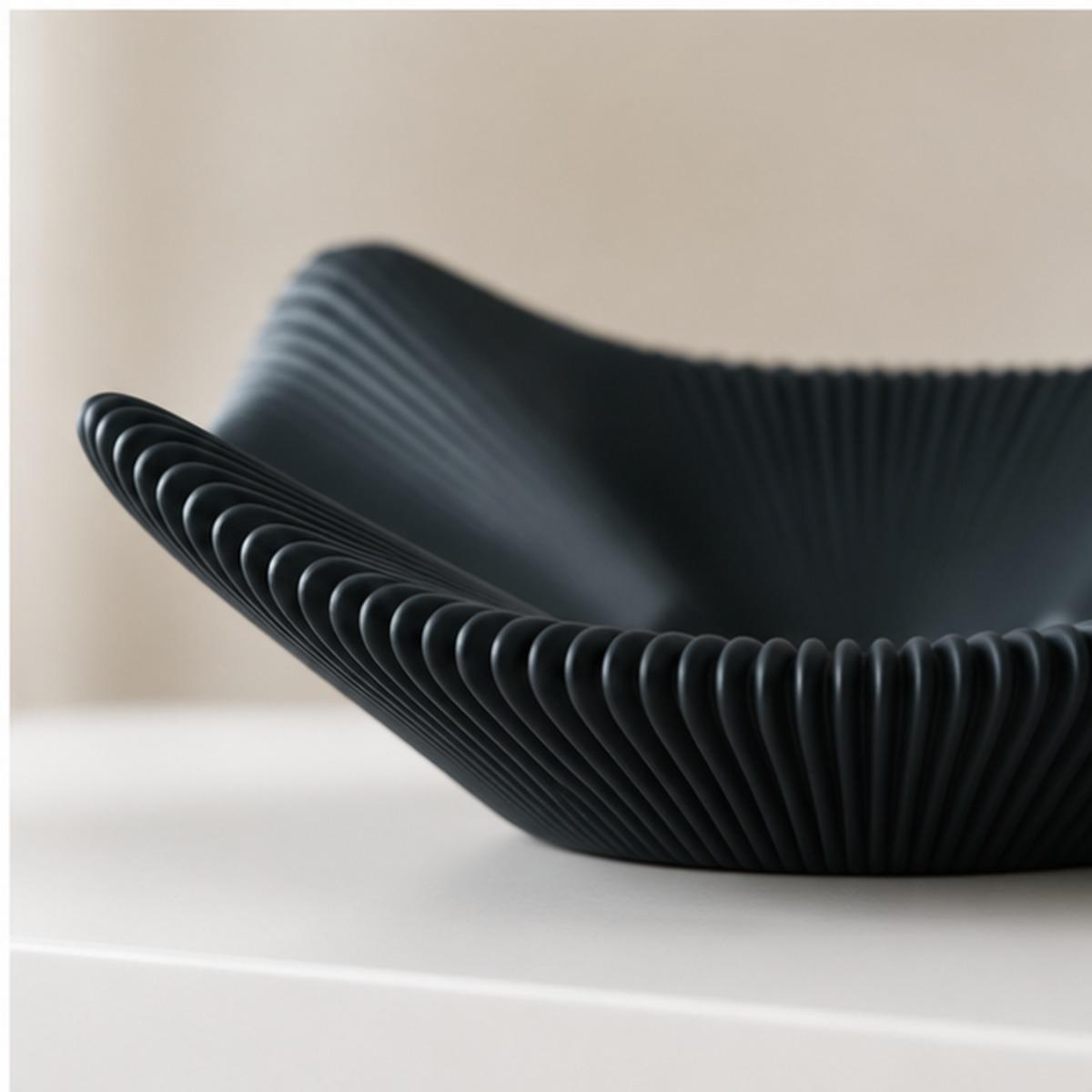 3D Printed Black Pleated Bowl, Folded Rim Sculptural Centrepiece, Japandi Decor