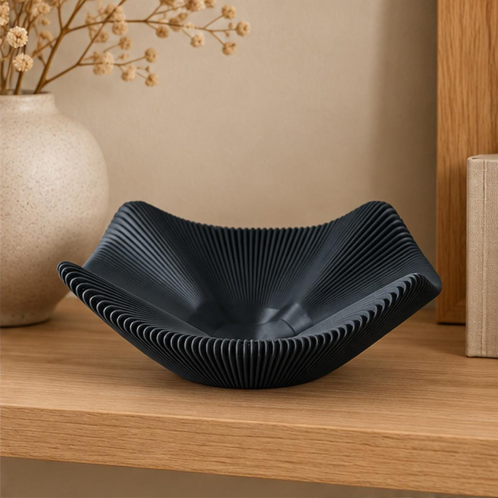 3D Printed Black Pleated Bowl, Folded Rim Sculptural Centrepiece, Japandi Decor