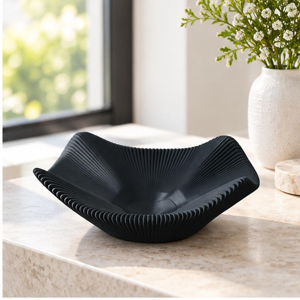 3D Printed Black Pleated Bowl, Folded Rim Sculptural Centrepiece, Japandi Decor