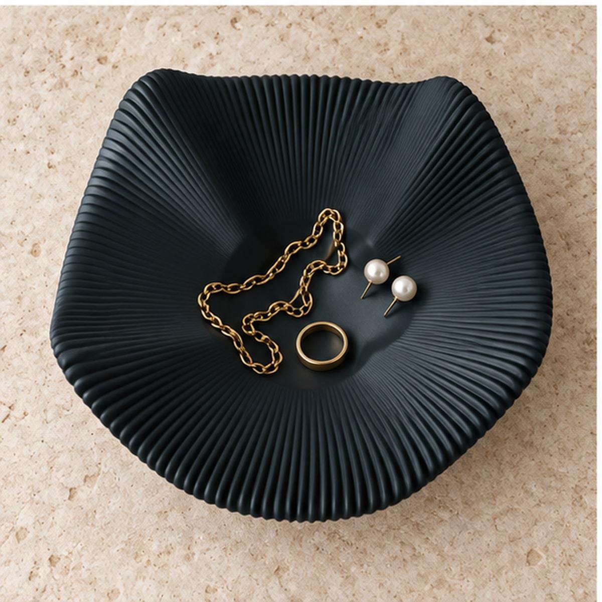 3D Printed Black Pleated Bowl, Folded Rim Sculptural Centrepiece, Japandi Decor