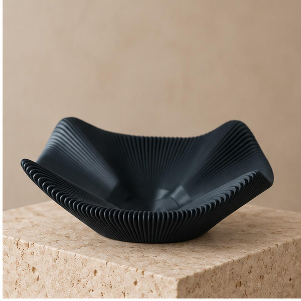3D Printed Black Pleated Bowl, Folded Rim Sculptural Centrepiece, Japandi Decor