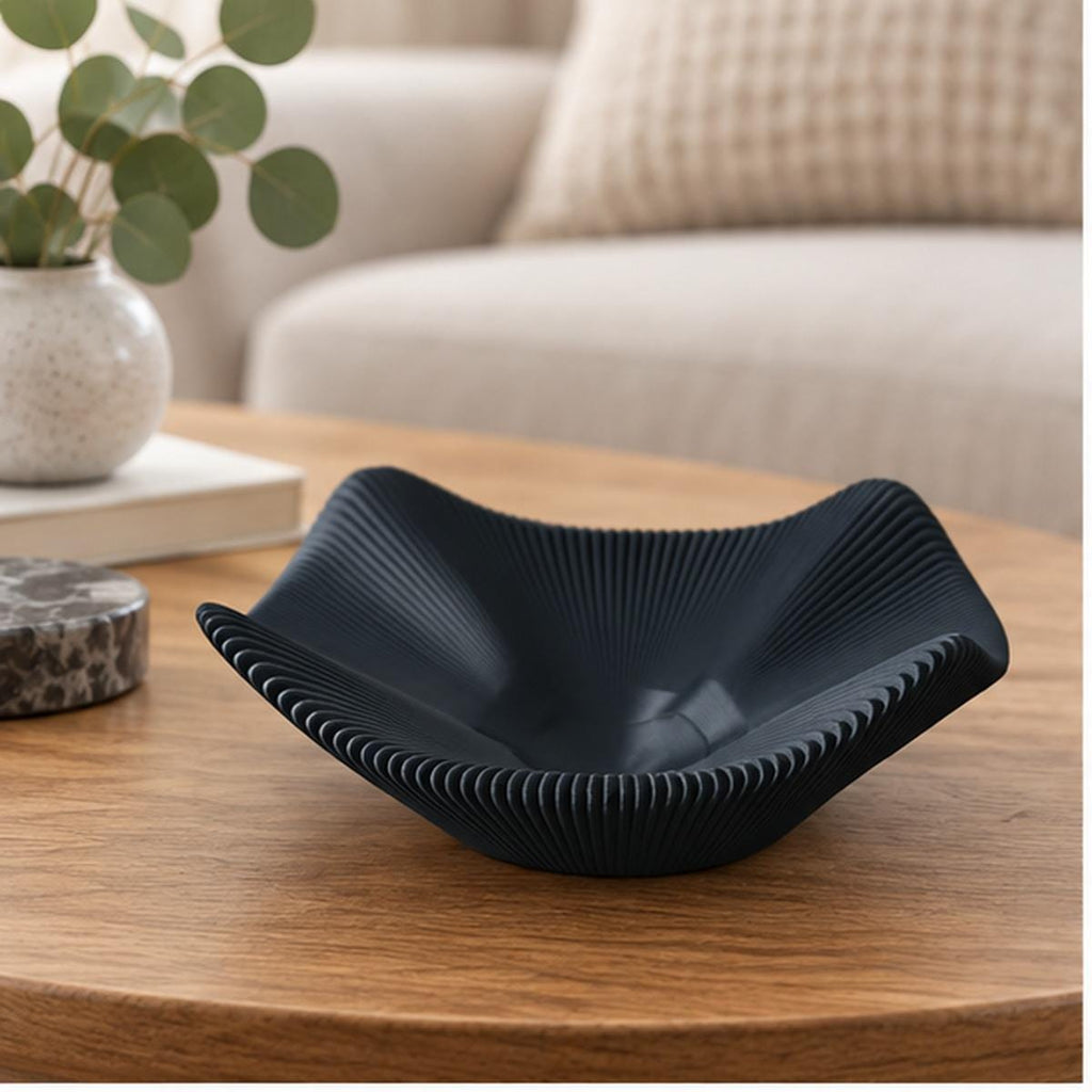 3D Printed Black Pleated Bowl, Folded Rim Sculptural Centrepiece, Japandi Decor