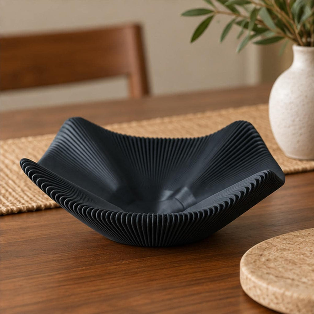 3D Printed Black Pleated Bowl, Folded Rim Sculptural Centrepiece, Japandi Decor