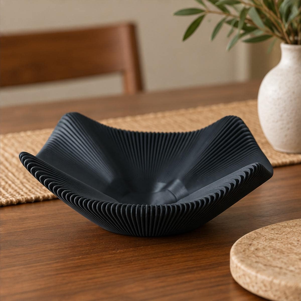3D Printed Black Pleated Bowl, Folded Rim Sculptural Centrepiece, Japandi Decor