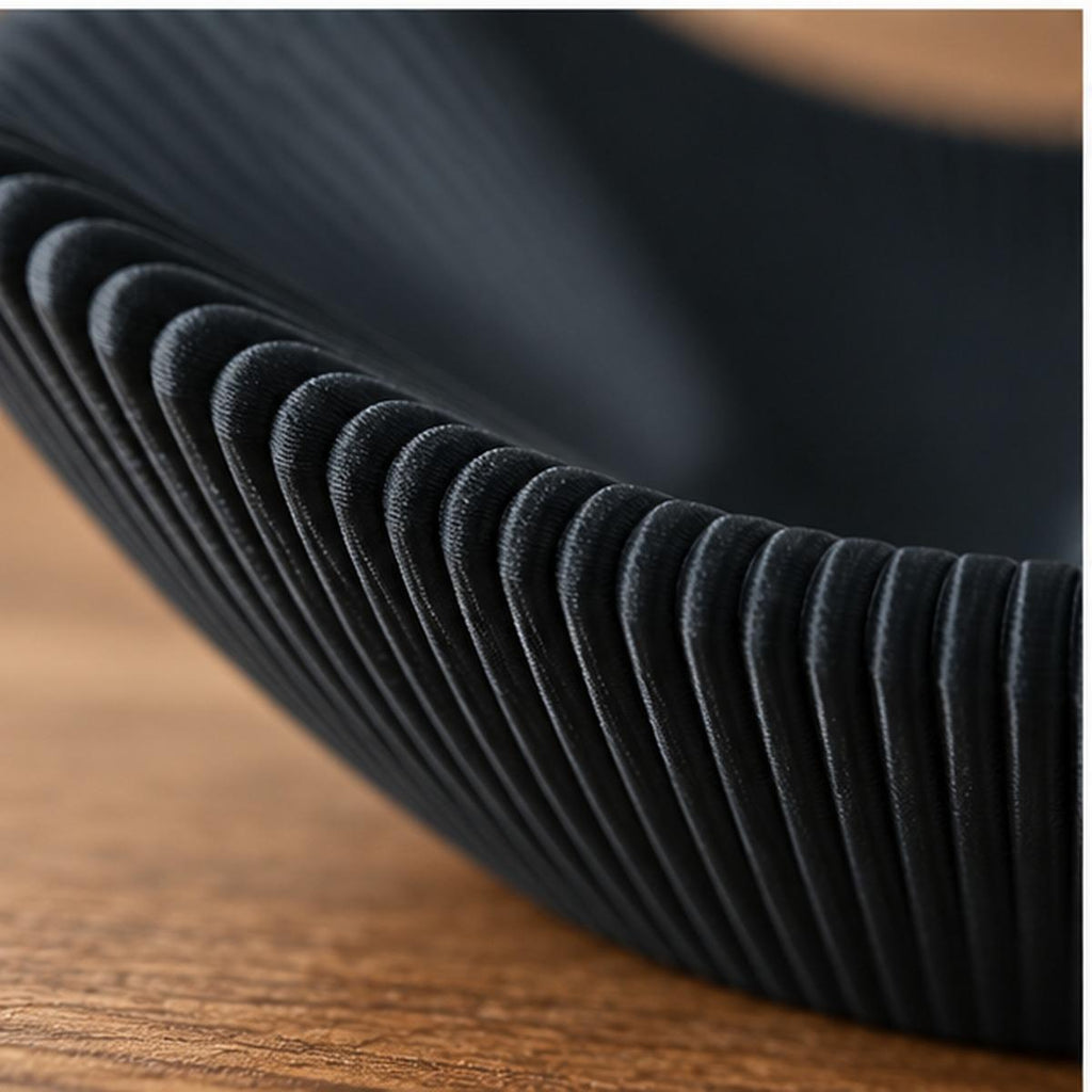 3D Printed Black Pleated Bowl, Folded Rim Sculptural Centrepiece, Japandi Decor