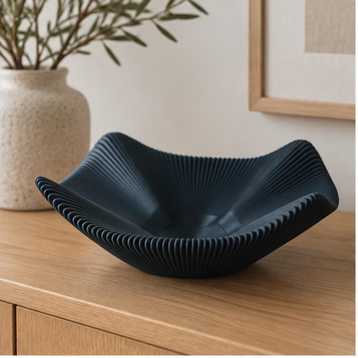 3D Printed Black Pleated Bowl, Folded Rim Sculptural Centrepiece, Japandi Decor