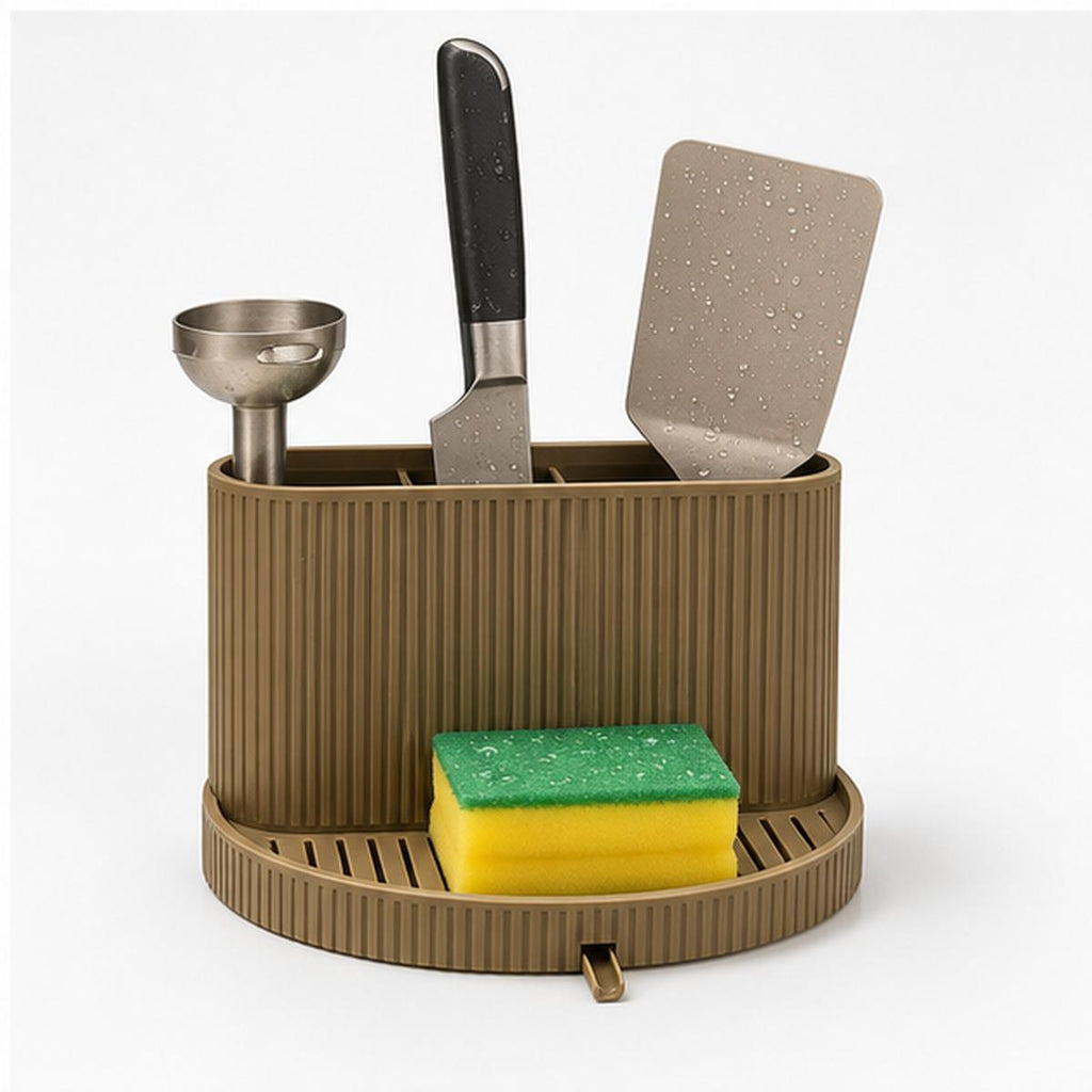 3D Printed Ribbed Sink Caddy, Draining Tray, Kitchen Utensil Holder (Taupe-Brown)