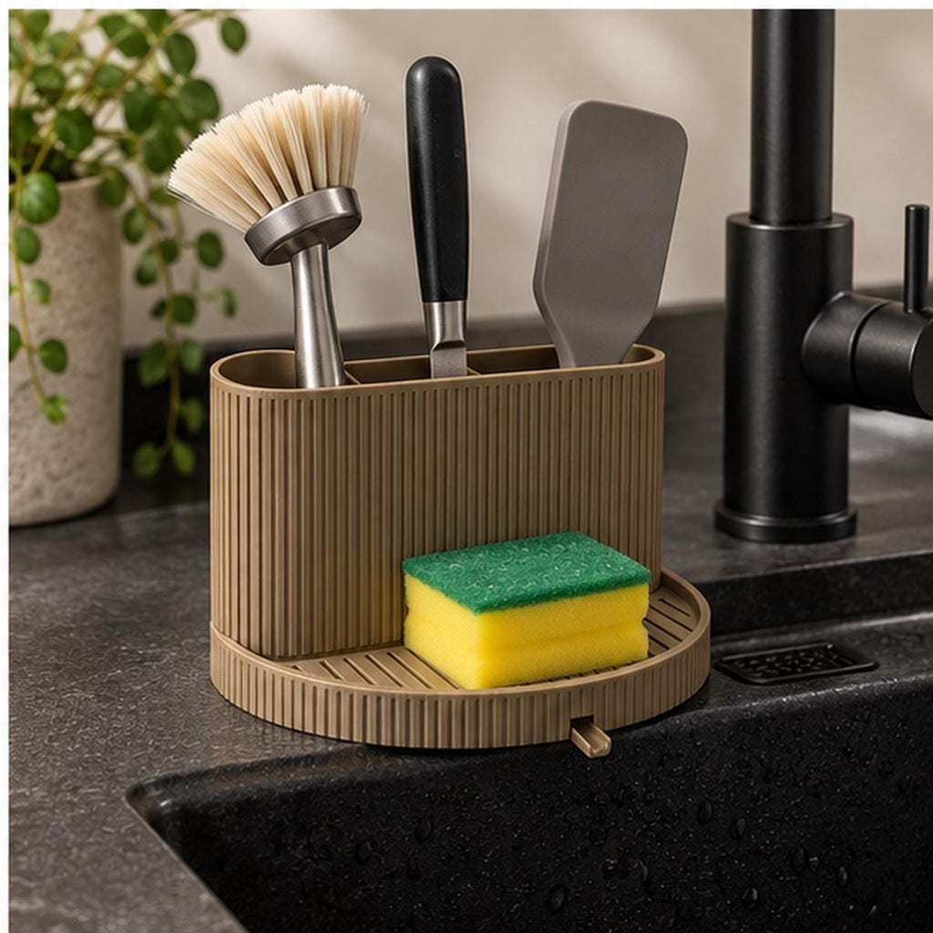 3D Printed Ribbed Sink Caddy, Draining Tray, Kitchen Utensil Holder (Taupe-Brown)