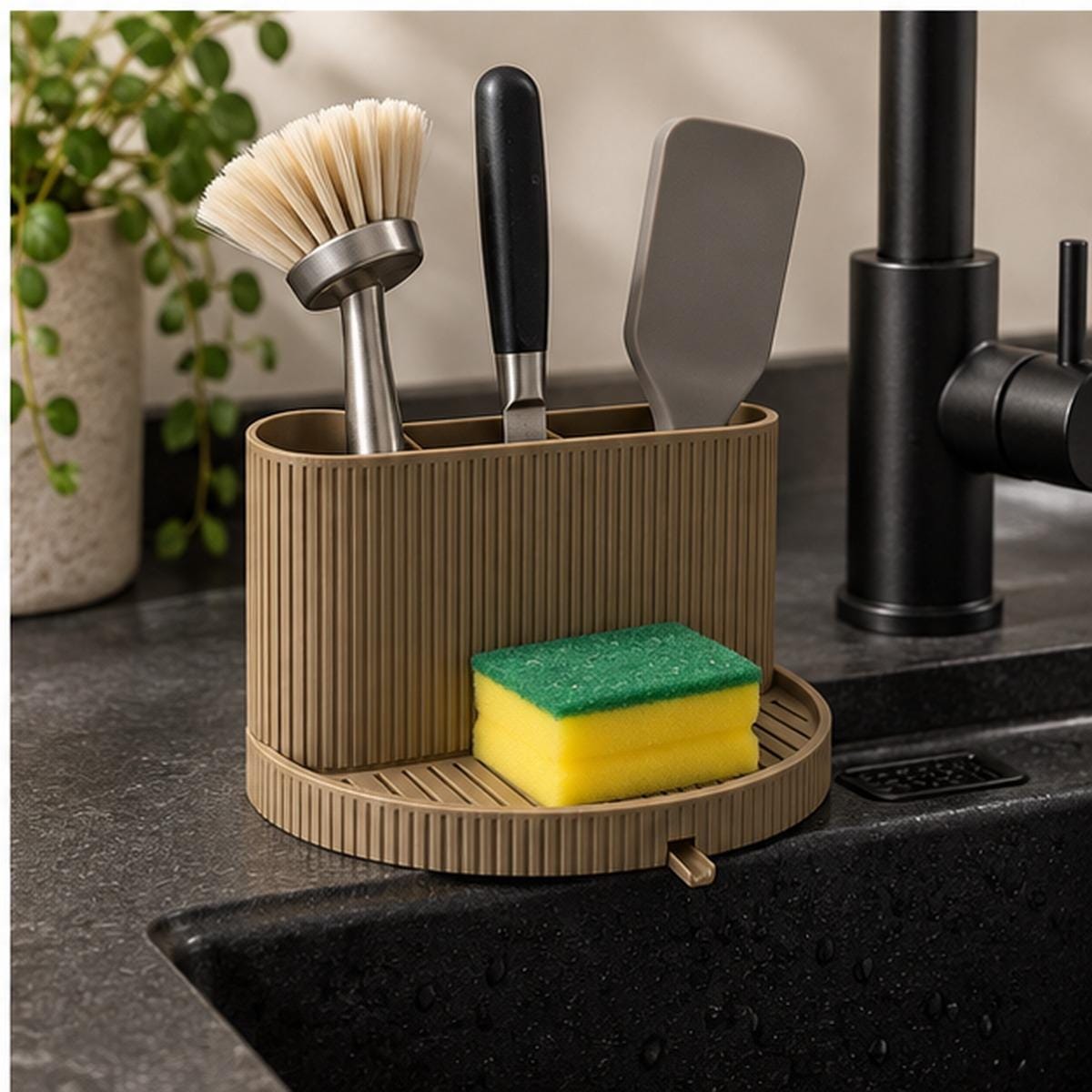3D Printed Ribbed Sink Caddy, Draining Tray, Kitchen Utensil Holder (Taupe-Brown)
