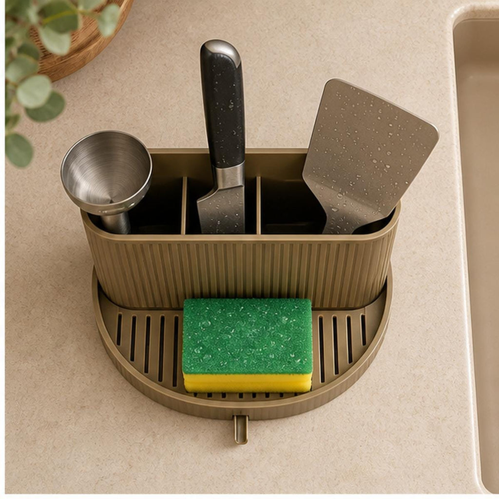 3D Printed Ribbed Sink Caddy, Draining Tray, Kitchen Utensil Holder (Taupe-Brown)