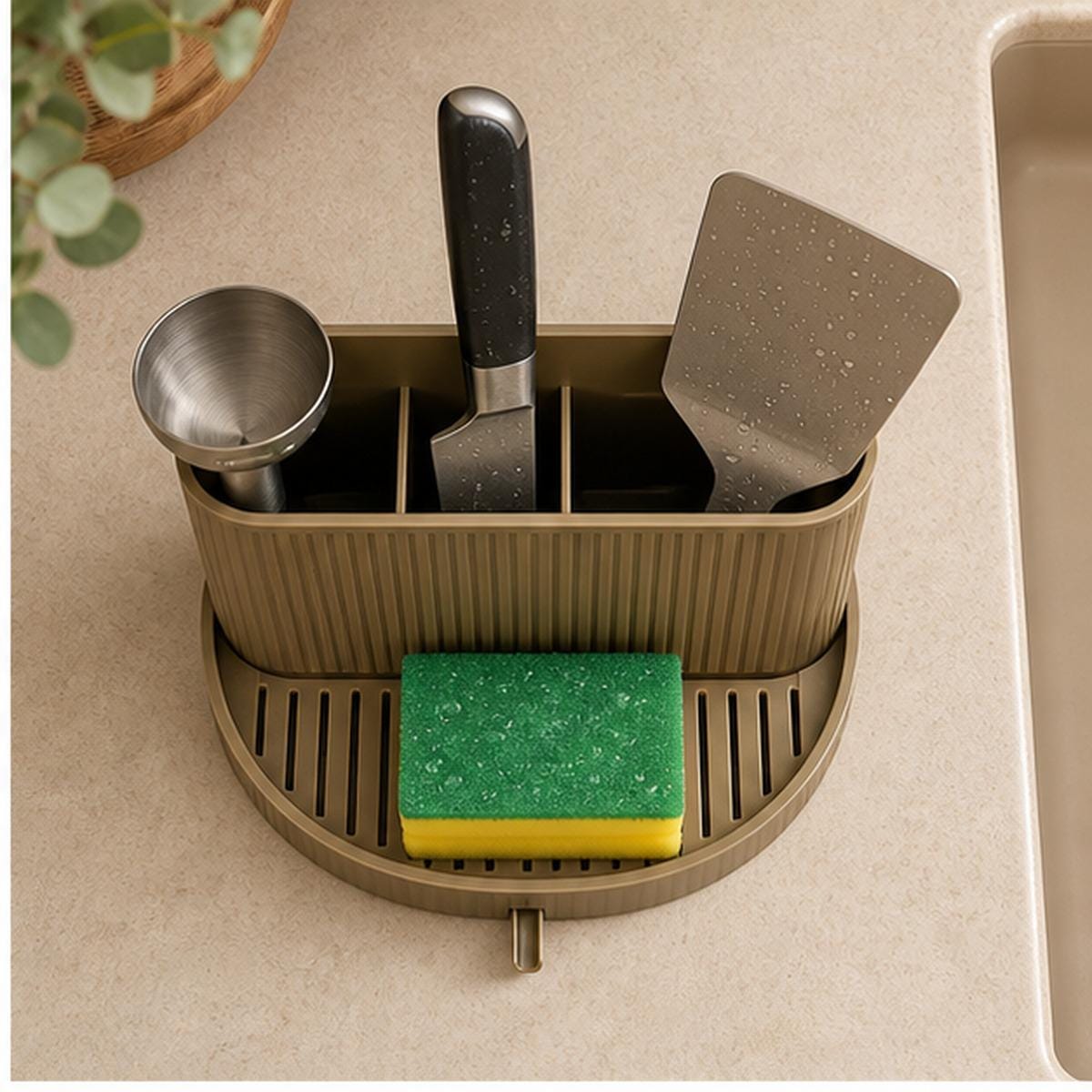 3D Printed Ribbed Sink Caddy, Draining Tray, Kitchen Utensil Holder (Taupe-Brown)