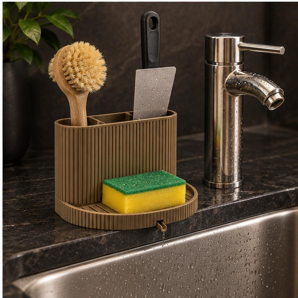 3D Printed Ribbed Sink Caddy, Draining Tray, Kitchen Utensil Holder (Taupe-Brown)