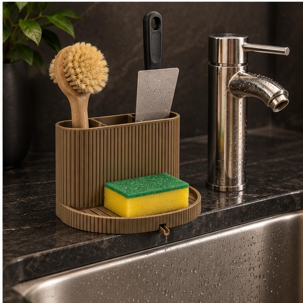 3D Printed Ribbed Sink Caddy, Draining Tray, Kitchen Utensil Holder (Taupe-Brown)