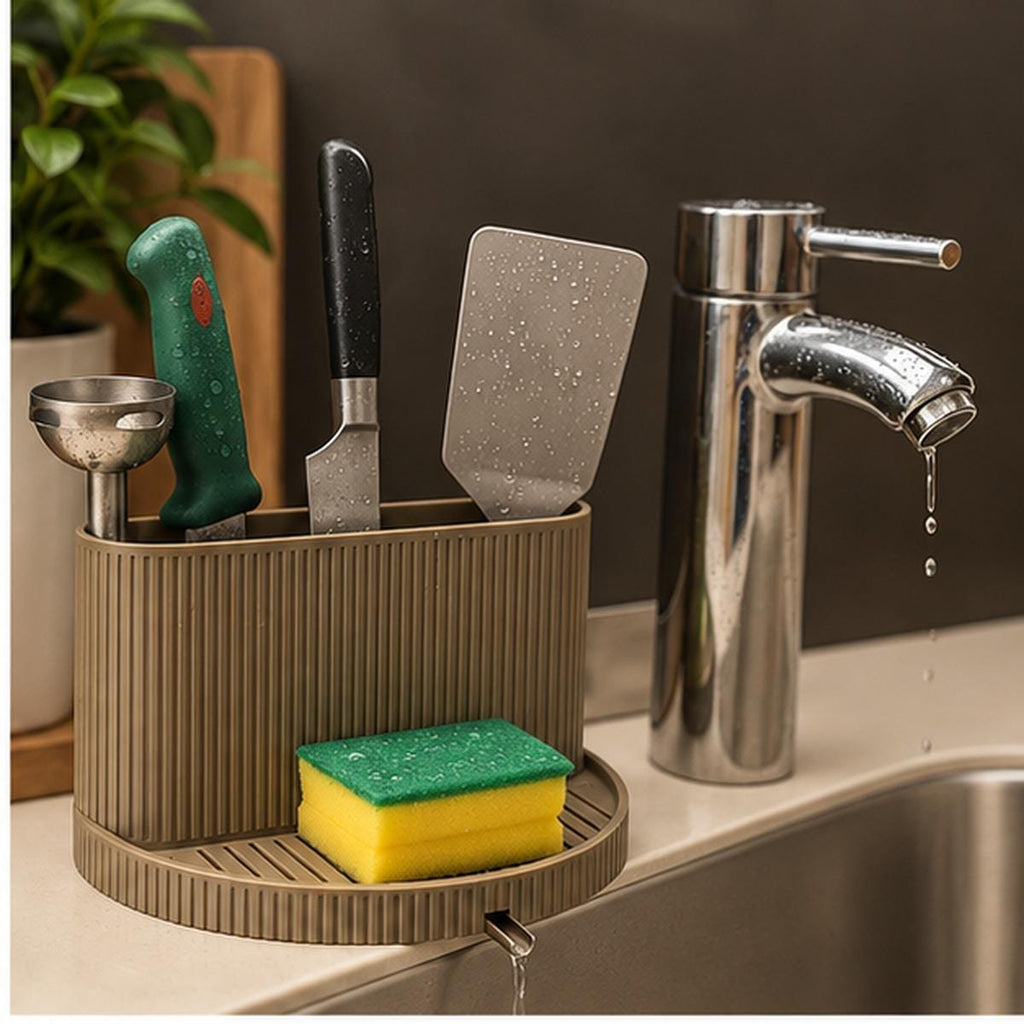 3D Printed Ribbed Sink Caddy, Draining Tray, Kitchen Utensil Holder (Taupe-Brown)