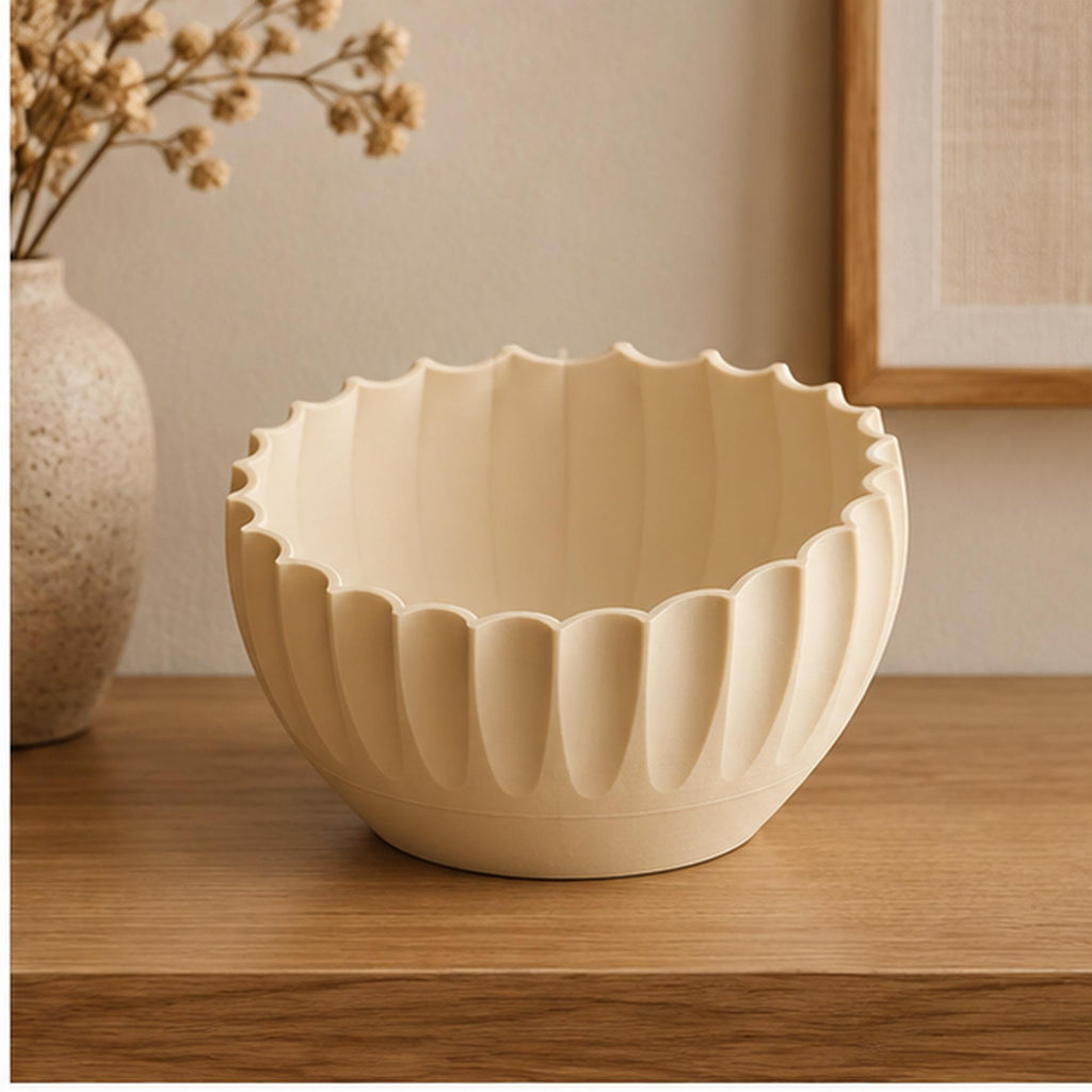 Ivory Pleated Sculptural Bowl, Scalloped Rim, 3D Printed Japandi Decor