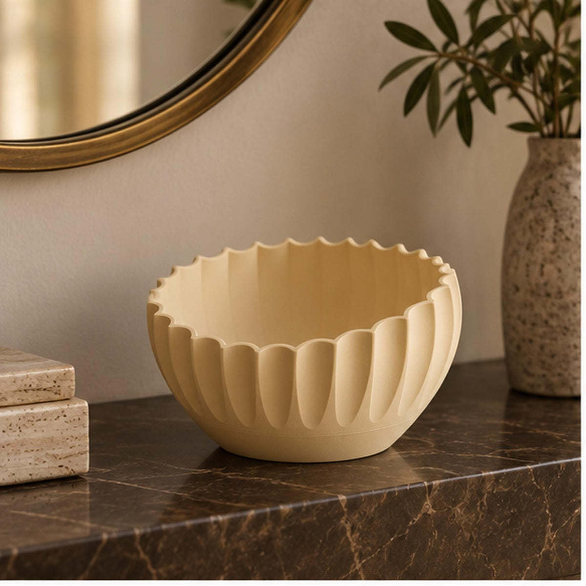 Ivory Pleated Sculptural Bowl, Scalloped Rim, 3D Printed Japandi Decor