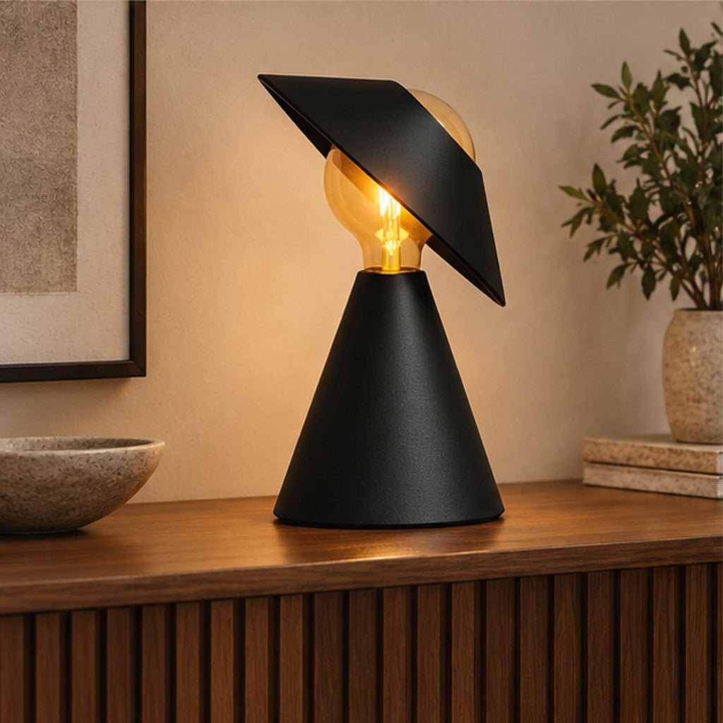 Sculptural 3D Printed Table Lamp, Matte Black Tilt Shade, Modern Accent Light