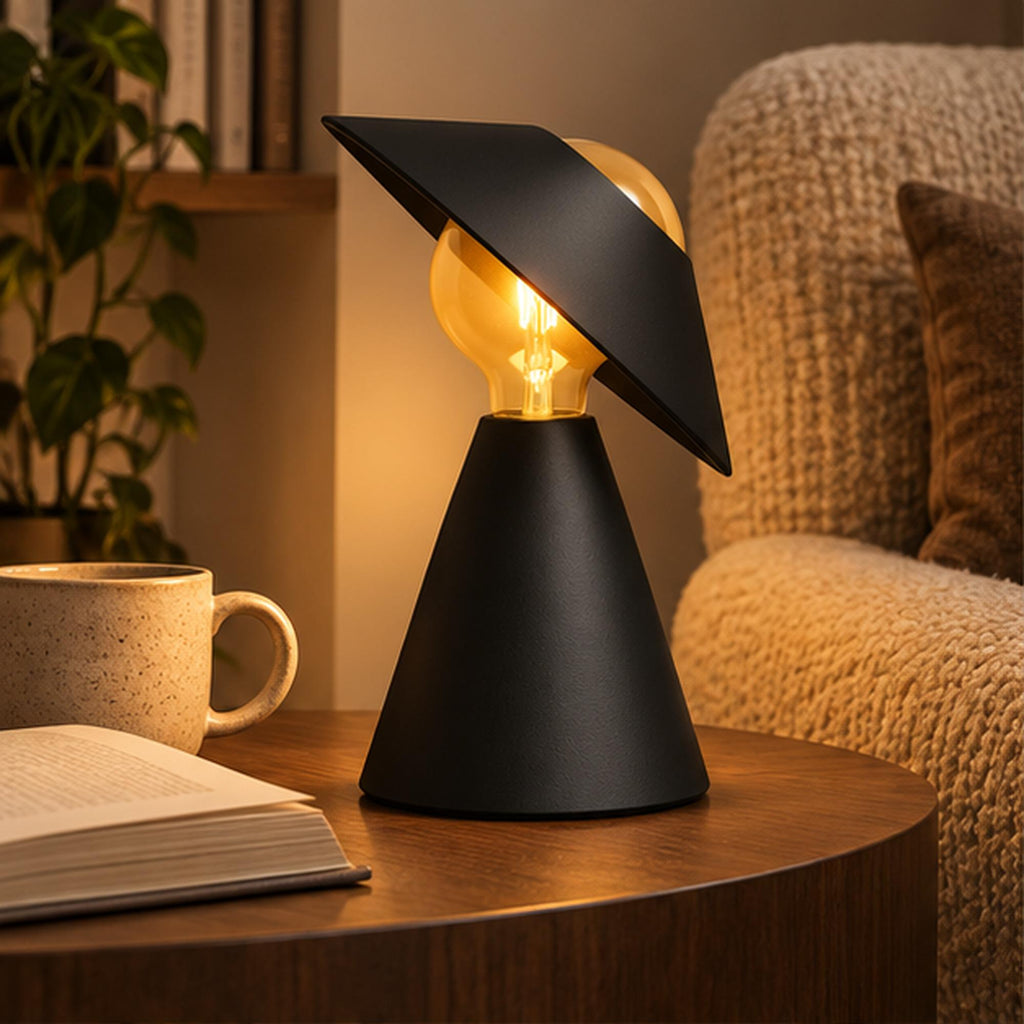 Sculptural 3D Printed Table Lamp, Matte Black Tilt Shade, Modern Accent Light