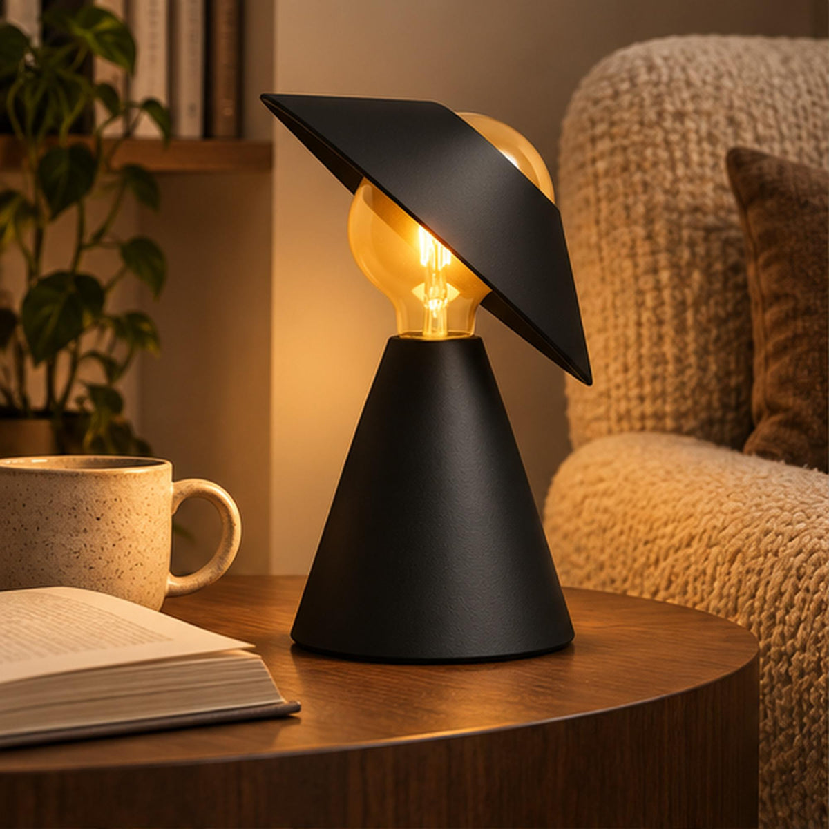 Sculptural 3D Printed Table Lamp, Matte Black Tilt Shade, Modern Accent Light