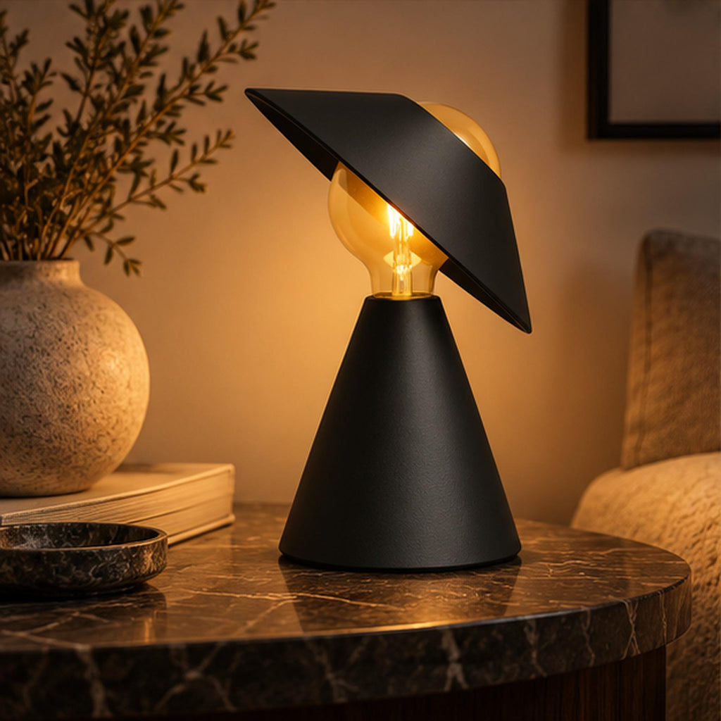 Sculptural 3D Printed Table Lamp, Matte Black Tilt Shade, Modern Accent Light