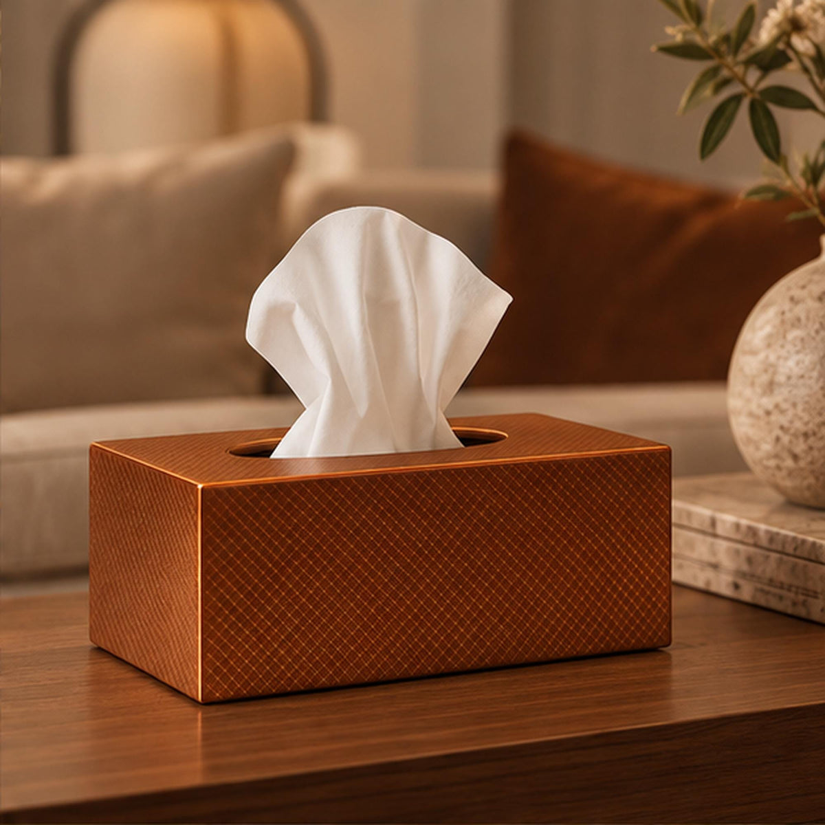 Textured Copper Tissue Box Cover, 3D Printed Bronze Home Decor (Made in Malta)