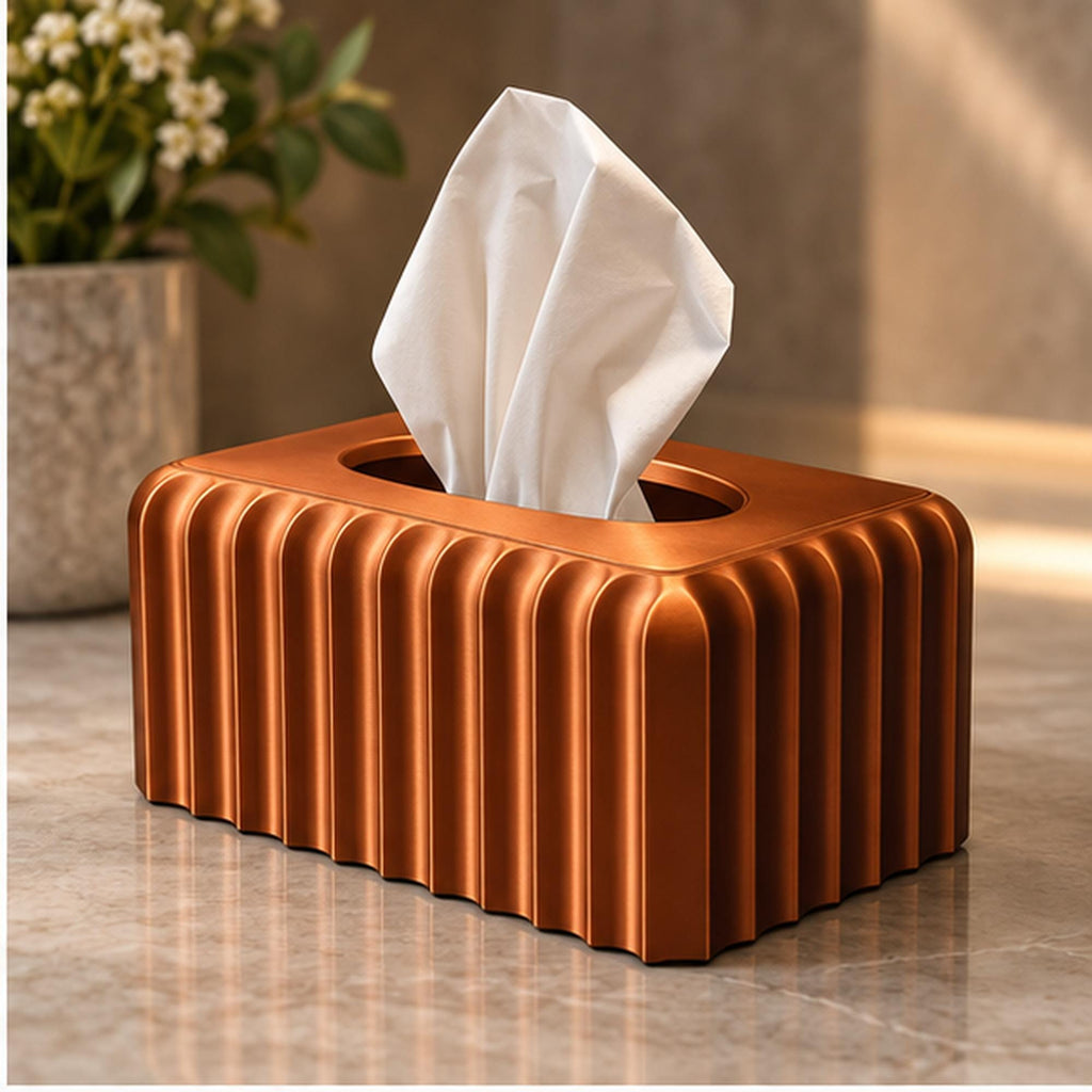 3D Printed Ribbed Copper Tissue Box Cover, Modern Bathroom Decor, Bronze Accent