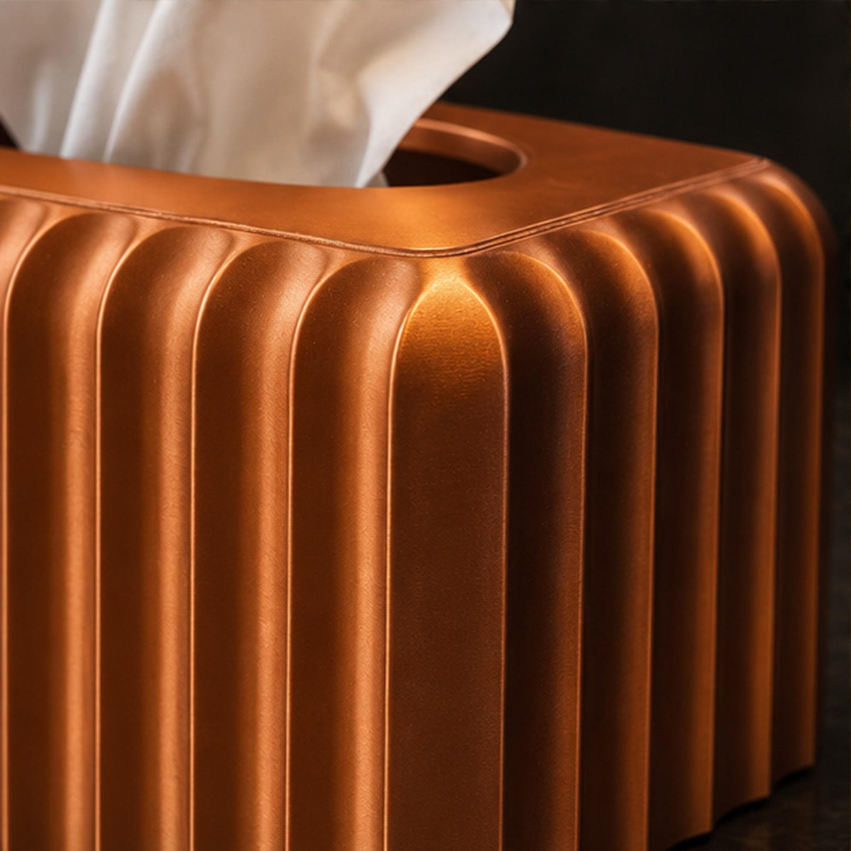3D Printed Ribbed Copper Tissue Box Cover, Modern Bathroom Decor, Bronze Accent
