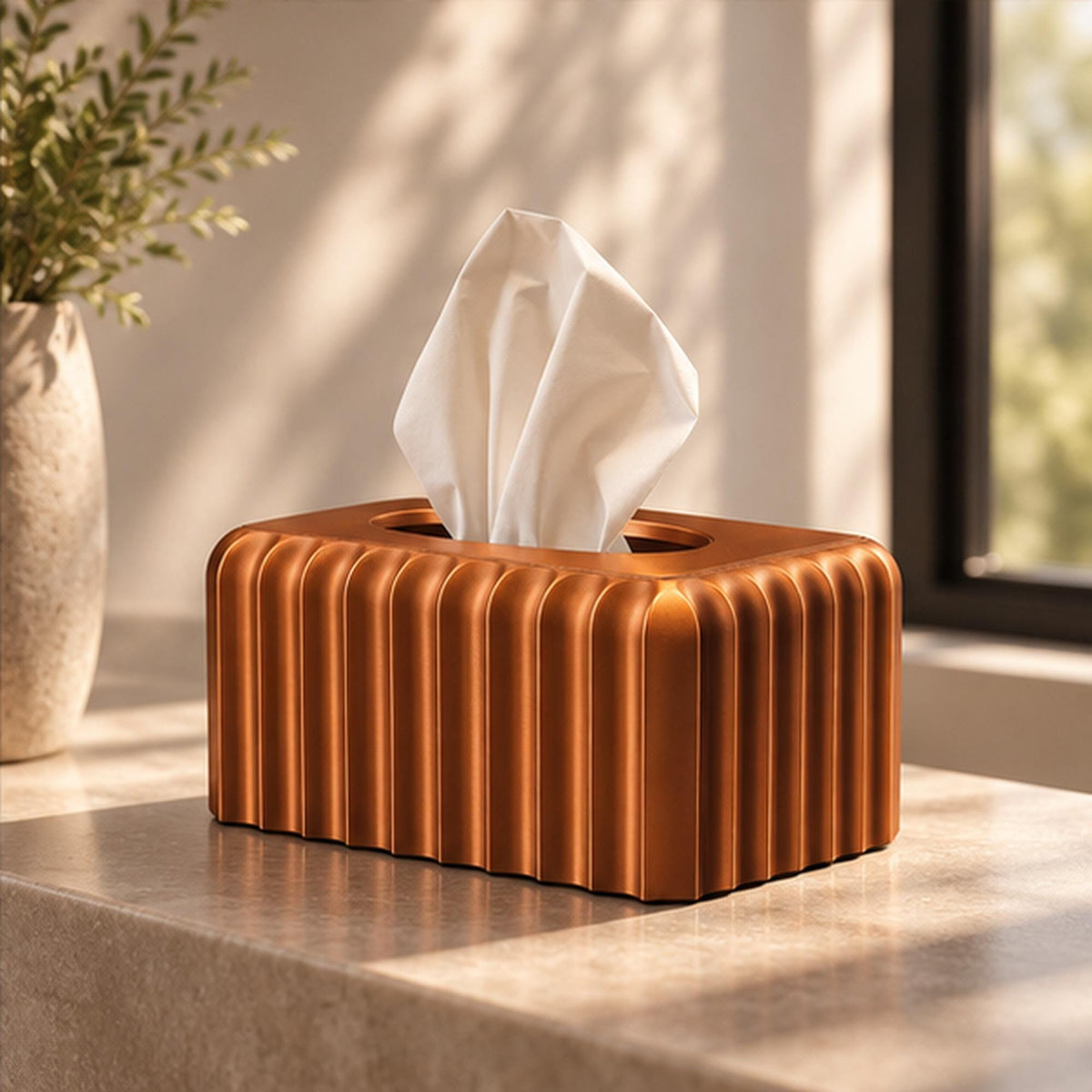 3D Printed Ribbed Copper Tissue Box Cover, Modern Bathroom Decor, Bronze Accent