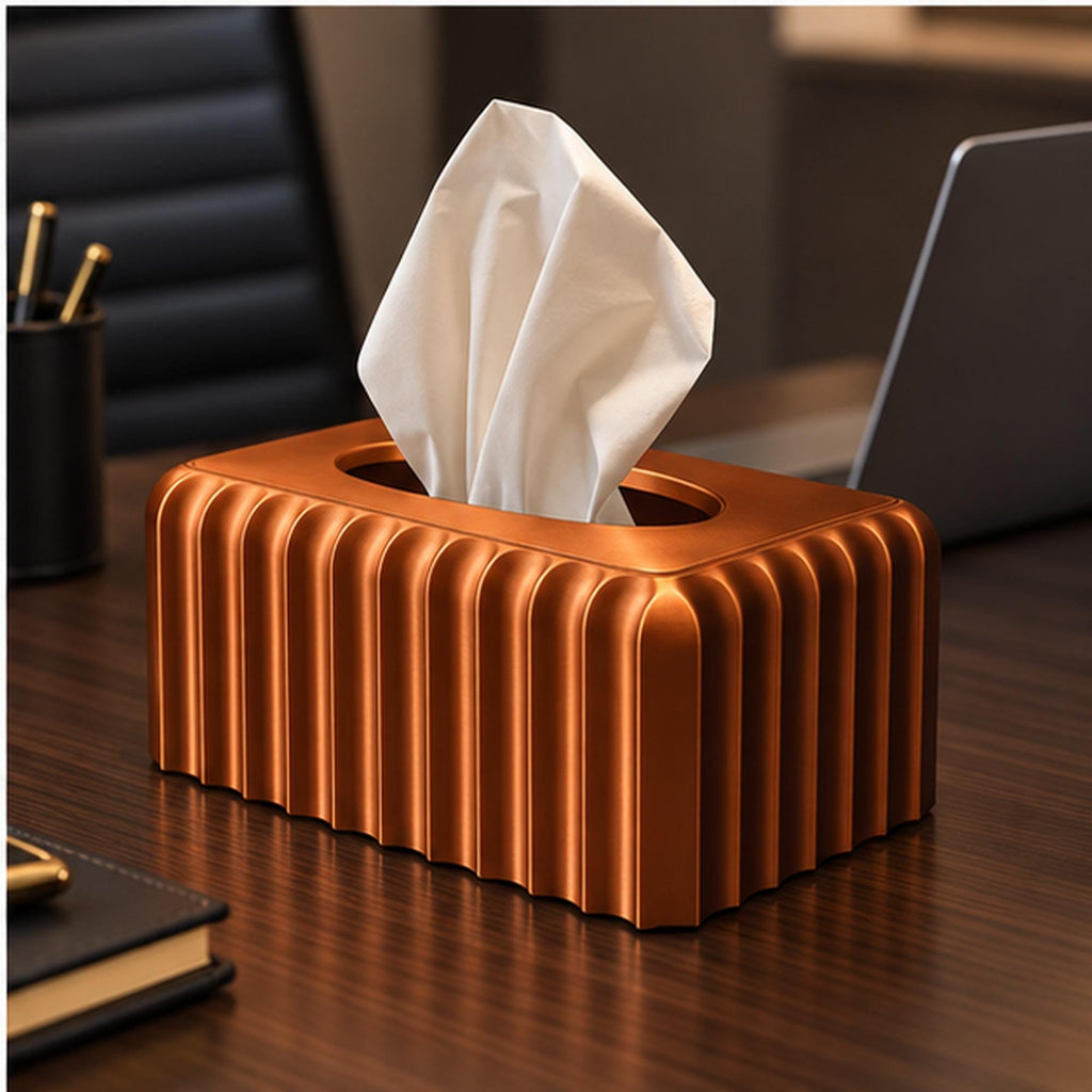 3D Printed Ribbed Copper Tissue Box Cover, Modern Bathroom Decor, Bronze Accent