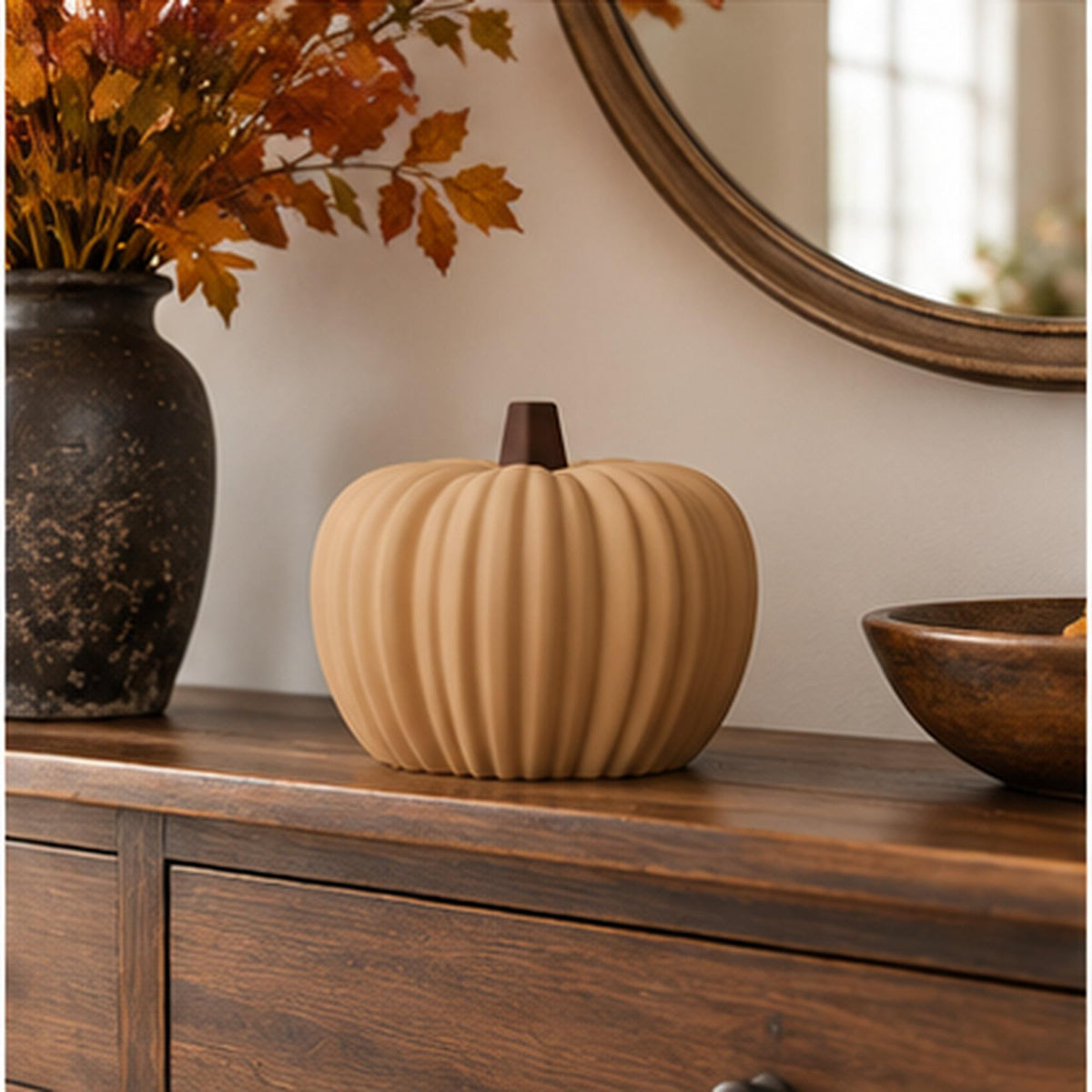 3D Printed Ribbed Pumpkin Decoration, Autumn Shelf Accent, Fall Centrepiece Ornament