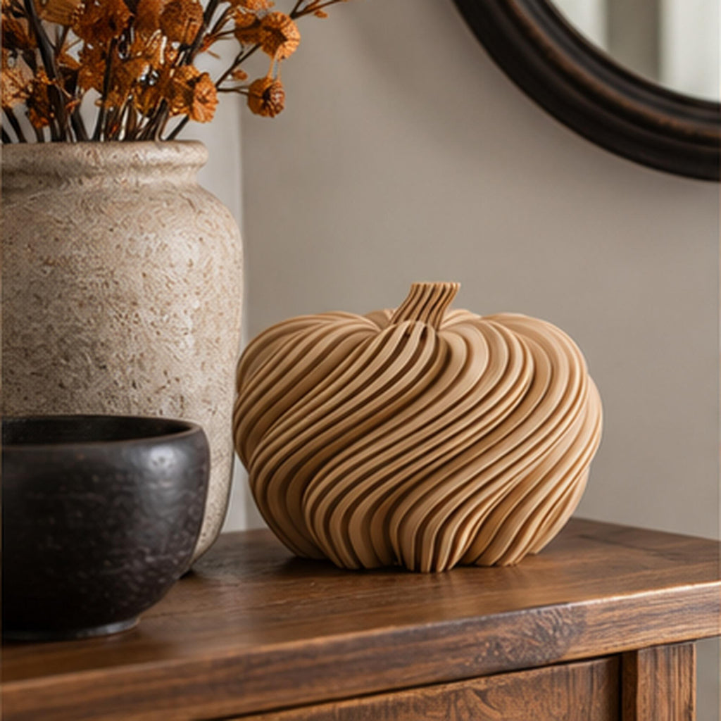 3D Printed Spiral Pumpkin Sculpture, Modern Autumn Shelf Decor, Halloween Mantel Ornament