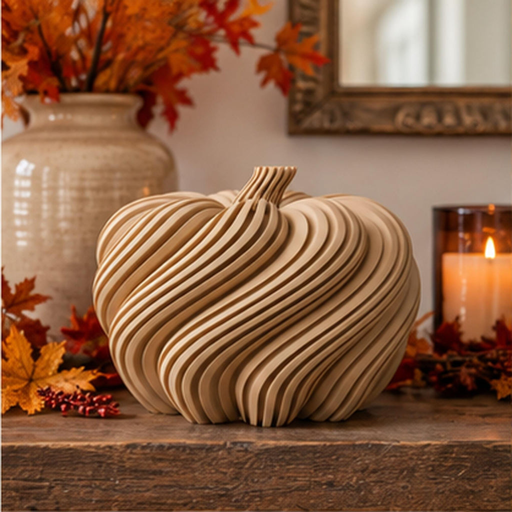 3D Printed Spiral Pumpkin Sculpture, Modern Autumn Shelf Decor, Halloween Mantel Ornament