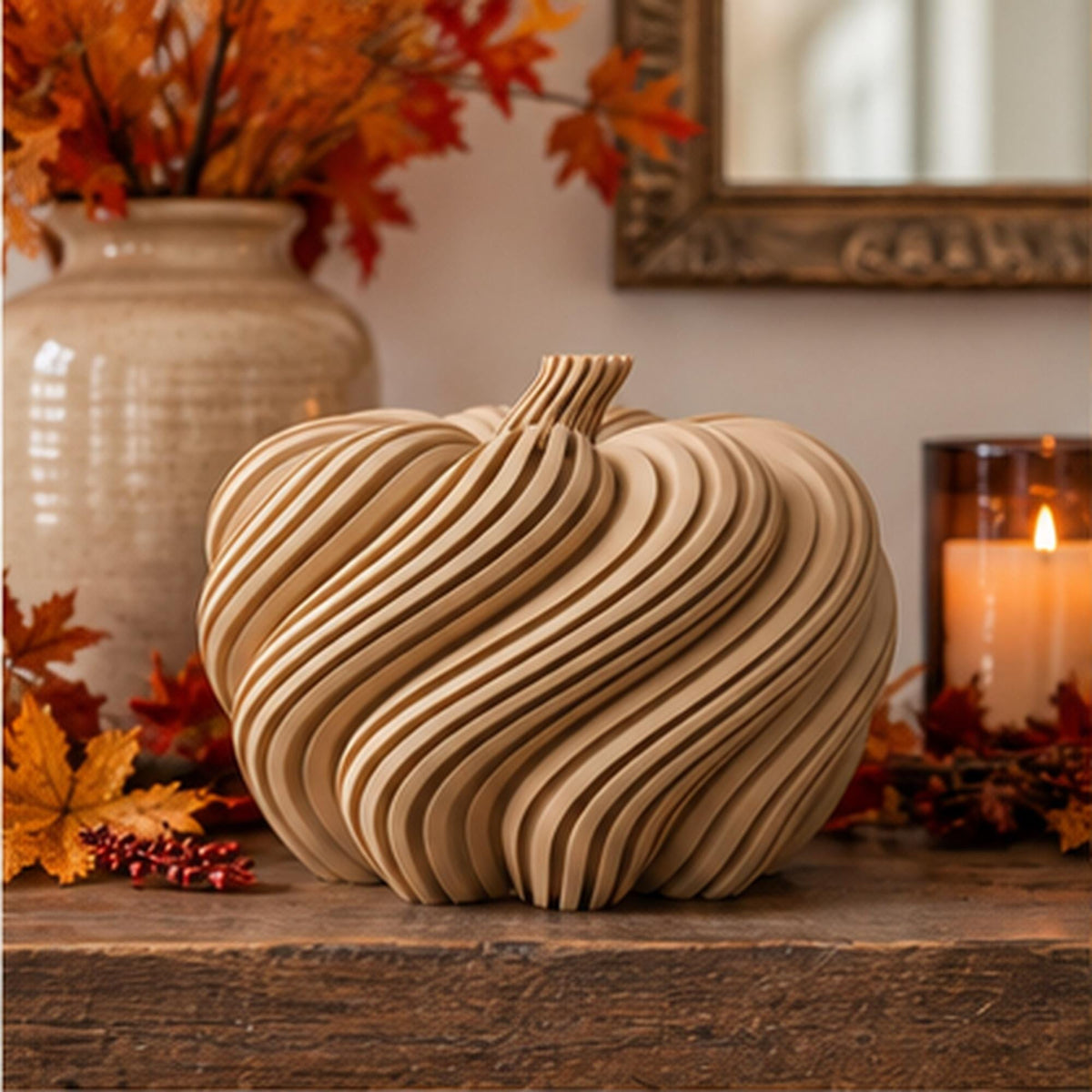 3D Printed Spiral Pumpkin Sculpture, Modern Autumn Shelf Decor, Halloween Mantel Ornament